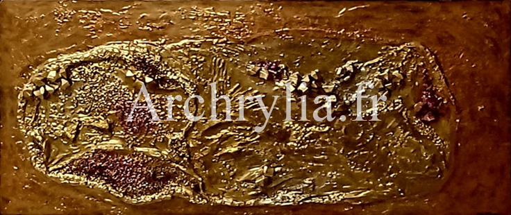Peinture acrylique sur bois représentant une roche taillée avec des pépites d'or et des pierres minérales en relief