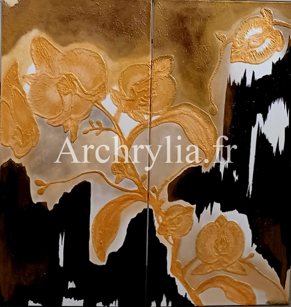 Peinture acrylique résinée représentant des fleurs d'orchidée en relief doré sur un fond contrasté
