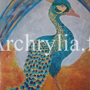 Paon Peinture acrylique résinée représentant un paon avec des couleurs irisées, réalisé en enduit de plâtre sur bois