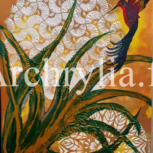 Paradisier Peinture acrylique représentant un oiseau de paradis avec des feuilles stylisées, réalisée en gel à structurer sur toile de coton