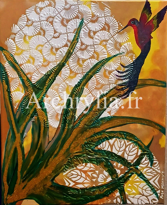 Peinture acrylique représentant un oiseau de paradis avec des feuilles stylisées, réalisée en gel à structurer sur toile de coton