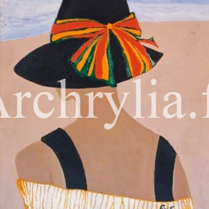 Peinture acrylique résinée sur carton 50x60 cm représentant une femme de dos avec un grand chapeau noir orné d'un ruban coloré.