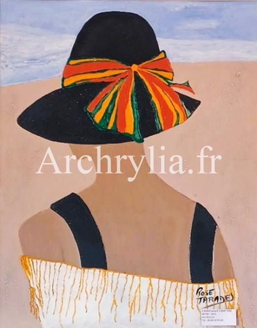 Peinture acrylique résinée sur carton 50x60 cm représentant une femme de dos avec un grand chapeau noir orné d'un ruban coloré.