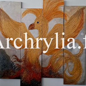 Phoenix Peinture acrylique résinée d'un phénix, réalisée avec enduit de plâtre, pierres décoratives, et sable fin