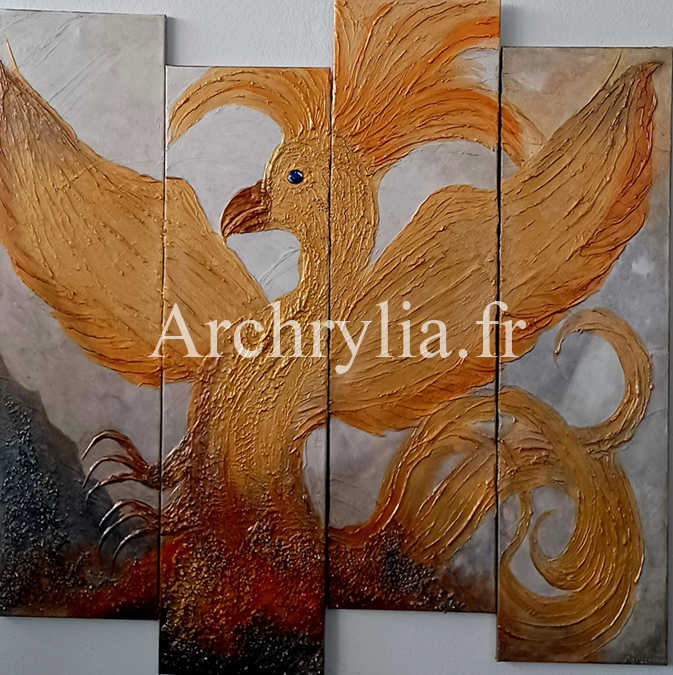 Peinture acrylique résinée d'un phénix, réalisée avec enduit de plâtre, pierres décoratives, et sable fin