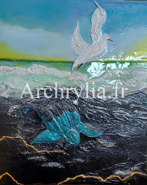 Peinture acrylique résinée représentant une tortue verte et une mouette sur une plage, réalisée avec des reliefs en plâtre et sable coloré
