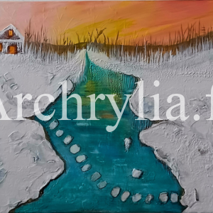 Sérénité Enneigée Peinture acrylique résinée représentant un paysage hivernal avec une rivière glacée et une cabane illuminée