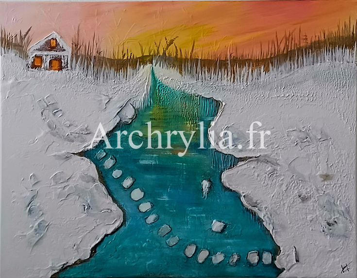 Peinture acrylique résinée représentant un paysage hivernal avec une rivière glacée et une cabane illuminée