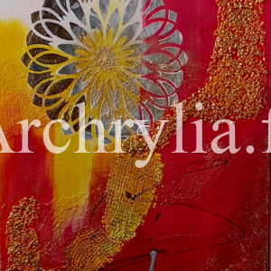 Peinture acrylique sur toile avec des couleurs vives et des textures variées en sable, plâtre, et pierres décoratives