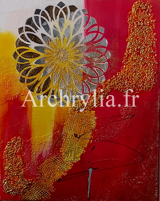 Peinture acrylique sur toile avec des couleurs vives et des textures variées en sable, plâtre, et pierres décoratives