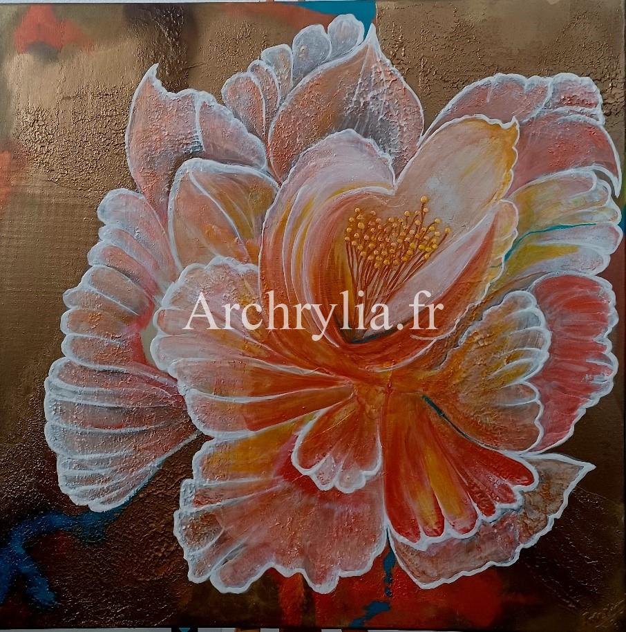 Peinture acrylique vernie représentant une fleur en métamorphose avec des couleurs chaudes et des reliefs en plâtre et gel