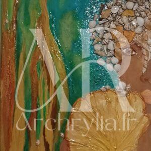 Dame Nature – Tableau acrylique – Archrylia.fr Portrait artistique de femme avec des coquillages et des éléments marins