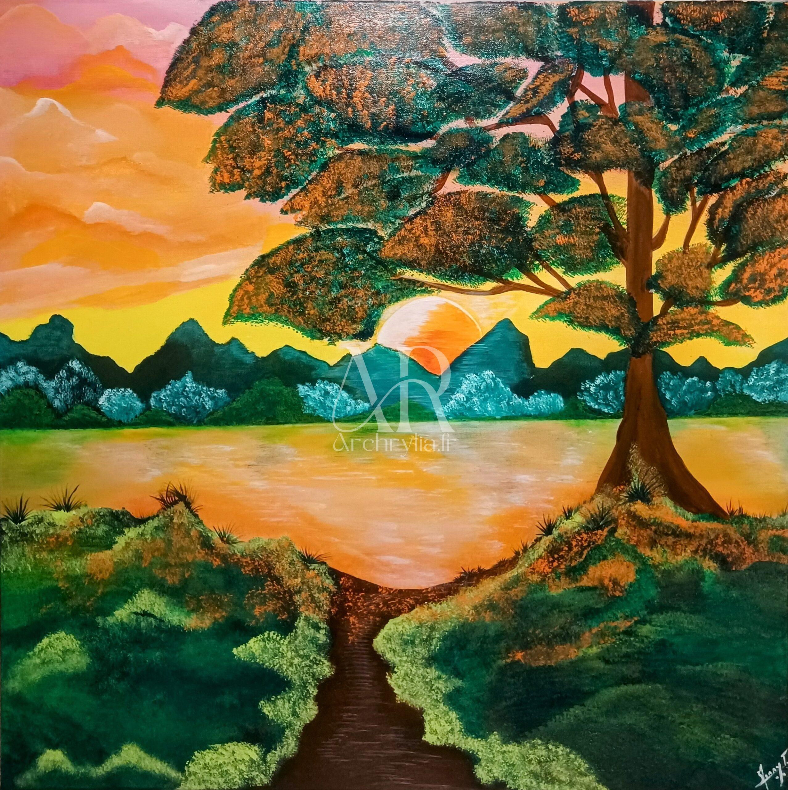 Tableau de paysage avec un grand arbre et un coucher de soleil